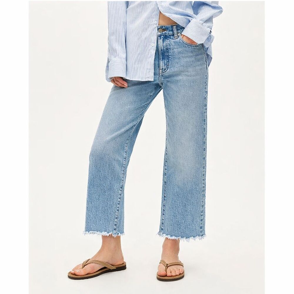 J. Crew Wide Leg Crop Jeans Womens Sz 32 High Rise Raw Hem Cotton Stretch Modern